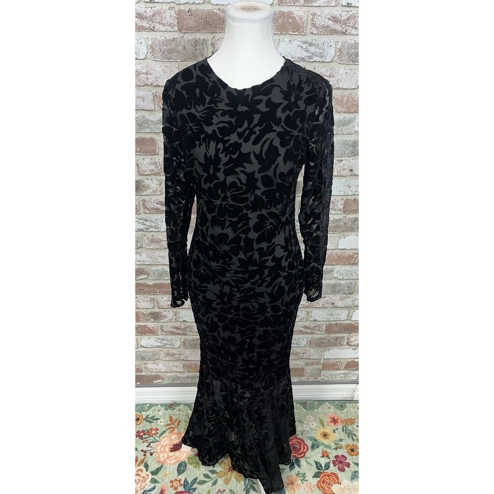 Mac Duggal Burnout Velvet Long Sleeve Ruffle Hem Midi Dress Sz 4 $558